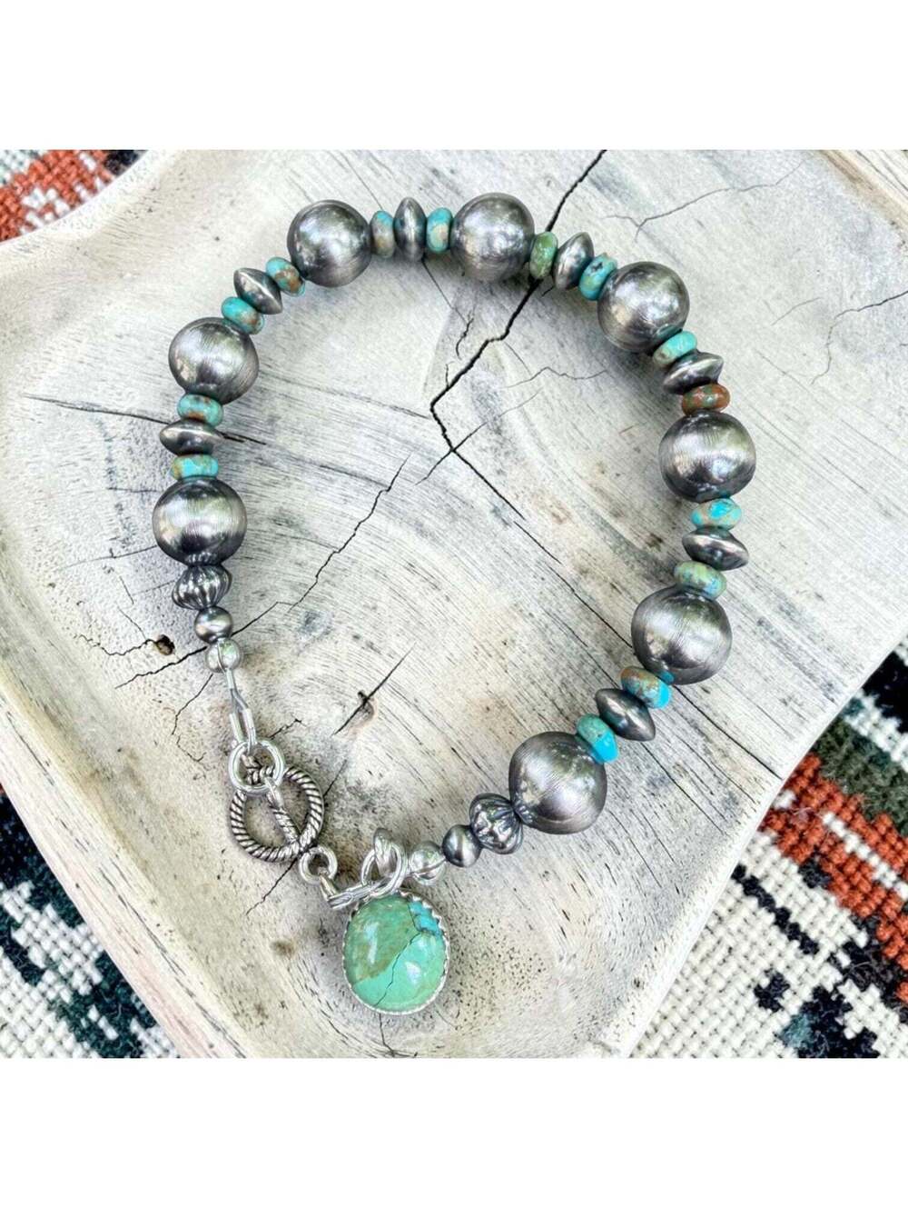7" Hubi Turquoise & Sterling Pearl T-Clasp Bracelet